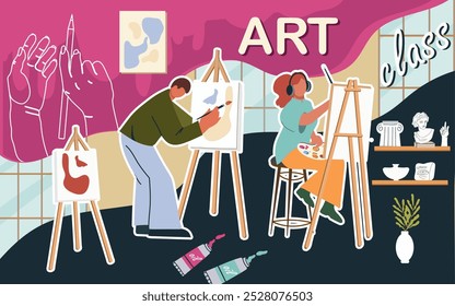 Collage art class, workshop, fine art, vector flat illustration, people characters, art supplies, background,  illustration, template, layout, decorative, element, collection. Hand drawn design.