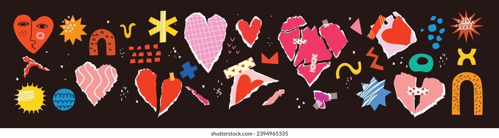 Collage art elements with vintage paper hearts torn elements set. Happy valentine's day concept for greeting cards, poster. Trendy Vector illustration.