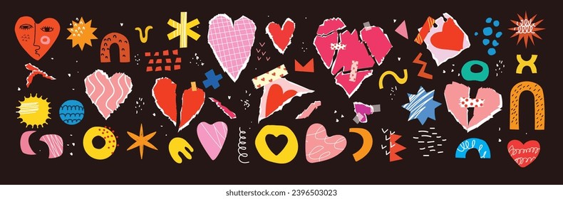 Collage art elements with vintage paper hearts torn elements set. Happy valentine's day concept for greeting cards, poster. Trendy Vector illustration.