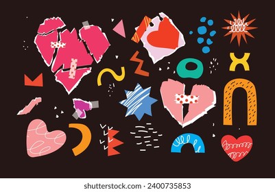 Collage art elements with vintage paper hearts torn elements set. Happy valentine's day concept for greeting cards, poster. Trendy Vector illustration.