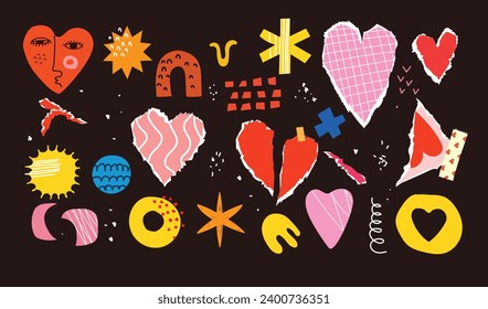 Collage art elements with vintage paper hearts torn elements set. Happy valentine's day concept for greeting cards, poster. Trendy Vector illustration.