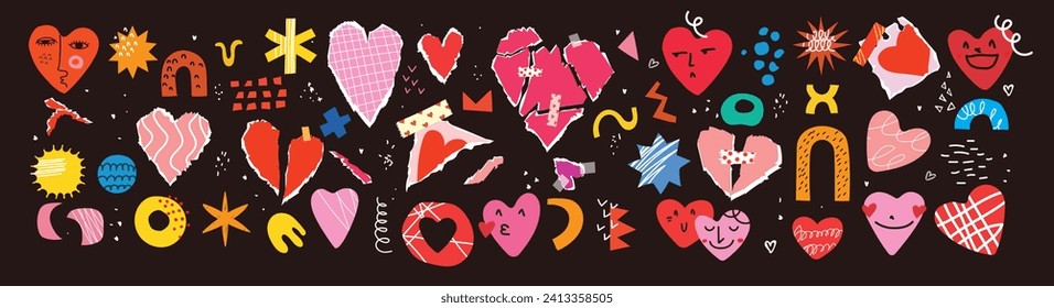 Collage art elements with vintage paper hearts torn elements set. Happy valentine's day concept for greeting cards, poster. Trendy Vector illustration.