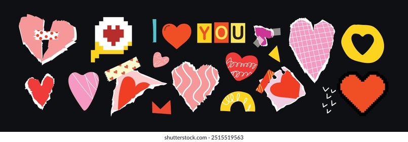 Elementos de arte de collage con corazones de papel vintage Elementos rasgados. Concepto feliz del día de San Valentín para las tarjetas de felicitación, cartel. Ilustración vectorial de moda.