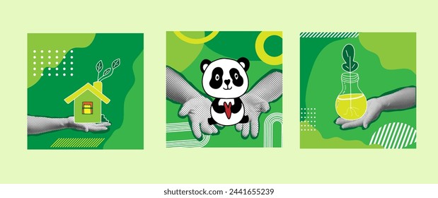 Collage art with halphtone hands holding eco house, panda and bulb with plant. Sustainable lifestyle and climate change concept