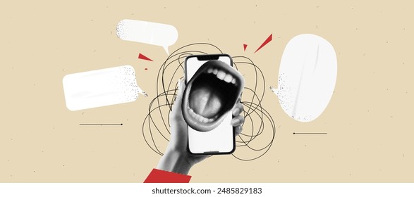 Collage art. Hand holds phone screen with scream womans mouth. Crazy sale concept with scribble line and speech bubble on the background. Beige and red and black colors. Vector trendy bg. 