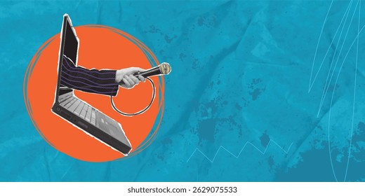 Collage art, the hand with a microphone sticking out of the laptop on blue background. Yellow press from a laptop, daily news.