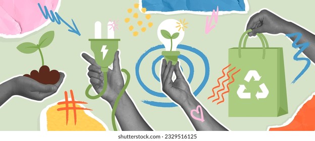  Collage art with hands holding plant, power saving lamp, and other objects as metaphor for green industry and sustainability. Different abstract shapes.Sustainable lifestyle and climate change concep