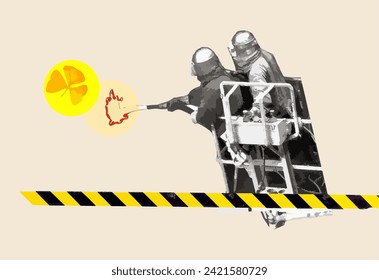 Collage art of industry and people. Firefighters extinguish a three-fox clover fire. Abstract vector illustration.