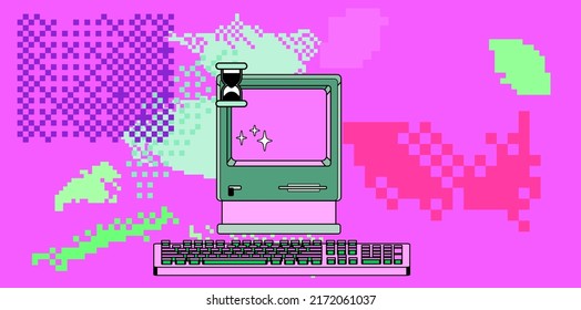 Collage art with an old retro computer and glitched pixelated shapes. Webkitsch and webpunk style vector illustration.