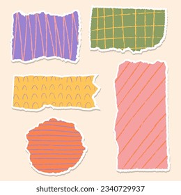 Collage art set with vintage paper ellements. Torned craft notebook shapes with colordil textured pattern illustration. Zine culture. Vector collection.