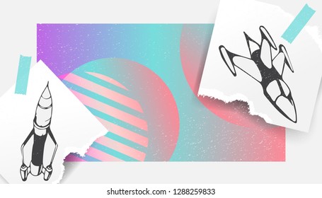 Collage Art. Spaceships. Bright colors, Futurism, Modern. Stylish poster or background, trendy graphics. Vector EPS10.