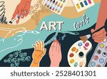 Collage art tools, workshop, fine art,  vector flat illustration, hands, art supplies, background,  illustration, template, layout, decorative, element, collection. Hand drawn design.