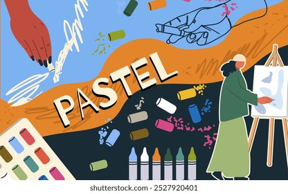 Collage art tools, workshop, fine art,  vector flat illustration, art supplies, background, dry pastel, oil pastel, template, layout, decorative, element, collection. Hand drawn design.