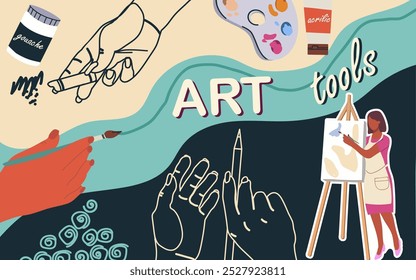 Collage art tools, workshop, fine art,  vector flat illustration, people characters, art supplies, background,  illustration, template, layout, decorative, element, collection. Hand drawn design.