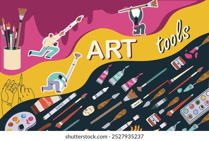 Collage art tools, workshop, fine art,  vector flat illustration, people characters, art supplies, background,  illustration, template, layout, decorative, element, collection. Hand drawn design.