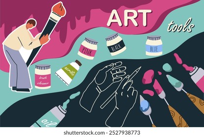 Collage art tools, workshop, fine art,  vector flat illustration, people characters, art supplies, background,  illustration, template, layout, decorative, element, collection. Hand drawn design.