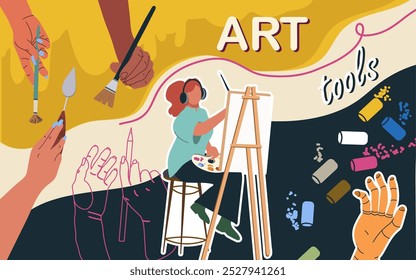 Collage art tools, workshop, fine art,  vector flat illustration, people characters, art supplies, background,  illustration, template, layout, decorative, element, collection. Hand drawn design.