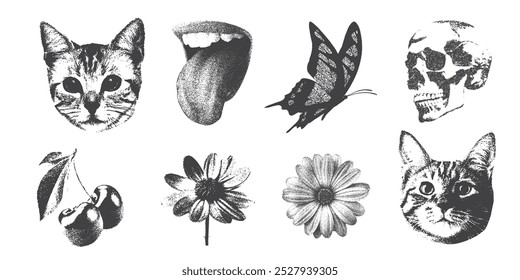 For collage art, use these dangerous retro pieces with a photocopy stipple effect. Cat, snake, flower, cherry,  and halftone dotwork design vector illustration for punk graphic banner or poster
