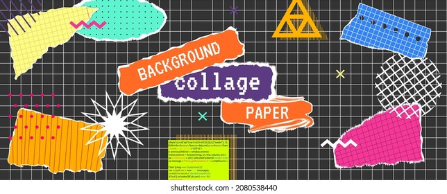 Collage art with vintage paper element Banner Zine culture Retro pop art collage with halftone Torned craft notebook shapes with pattern vector illustration on dark checkered background