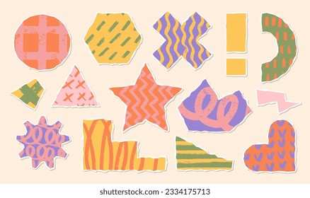 Collage art with vintage paper ellement. Torned craft notebook shapes with abstract textured illustration. Zine culture. Vector rough design.