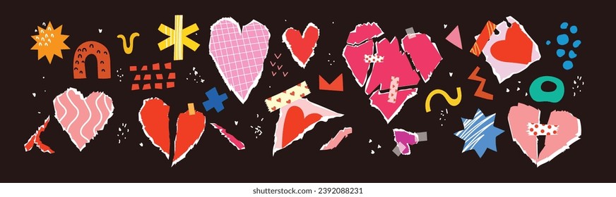 Collage art with vintage paper hearts torn elements set. Happy valentine's day concept for greeting cards, poster. Trendy Vector illustration.