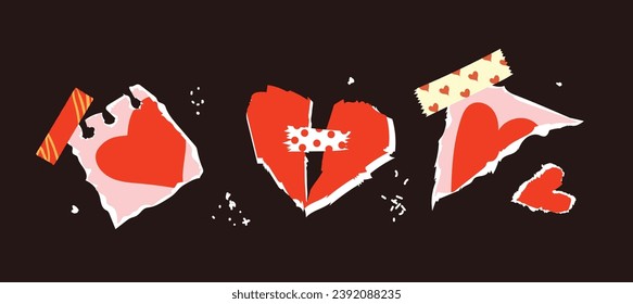 Collage art with vintage paper hearts torn elements set. Happy valentine's day concept for greeting cards, poster. Trendy Vector illustration.