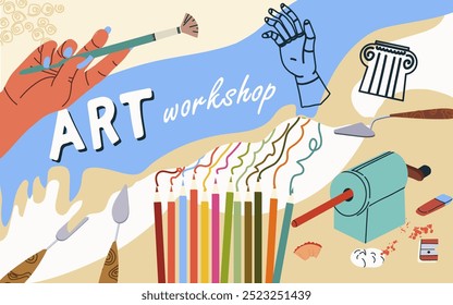 Collage art workshop collage art, vector flat illustration, background. Hand drawing background, design, template, layout.
