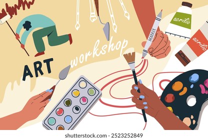 Collage art workshop collage art, vector flat illustration, background. Hand drawing background, design, template, layout.
