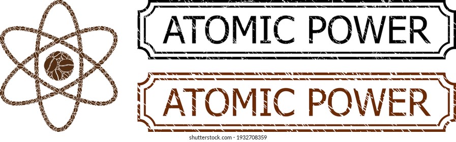 Collage atom composed of coffee beans, and grunge Atomic Power rectangle seals with notches. Vector coffee items are combined into abstract collage atom icon with brown color.