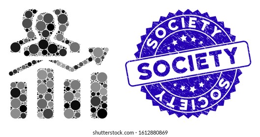 Collage audience chart trend icon and grunge stamp seal with Society phrase. Mosaic vector is formed with audience chart trend pictogram and with random round spots.