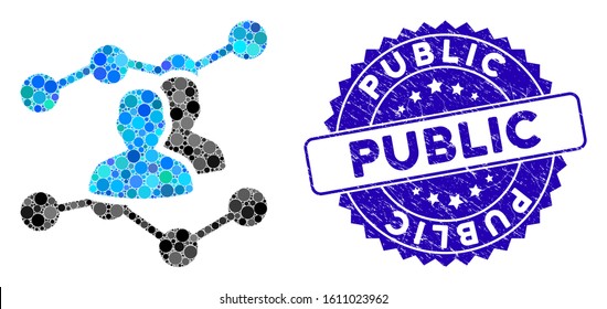 Collage audience trends icon and corroded stamp seal with Public text. Mosaic vector is composed with audience trends icon and with randomized spheric items. Public stamp seal uses blue color,