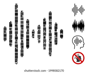 Collage Audio signal icon composed of square elements in various sizes and color hues. Vector square elements are composed into abstract mosaic audio signal icon. Bonus pictograms are added.