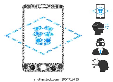 Collage augmented reality united from SARS virus items in variable sizes and color hues. Vector infection icons are organized into abstract collage augmented reality icon. Some bonus icons are added.