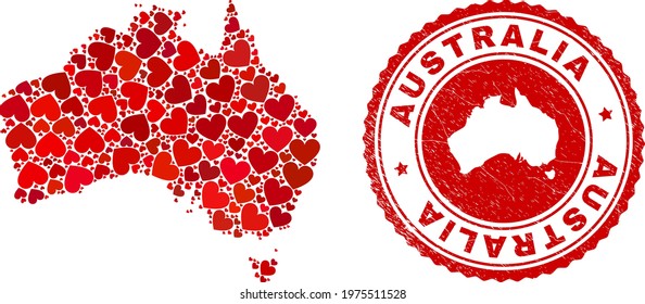 Collage Australia map formed from red love hearts, and rubber badge. Vector lovely round red rubber stamp imprint with Australia map inside.