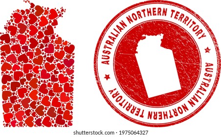 Collage Australian Northern Territory map composed with red love hearts, and dirty seal stamp. Vector lovely round red rubber seal stamp imitation with Australian Northern Territory map inside.