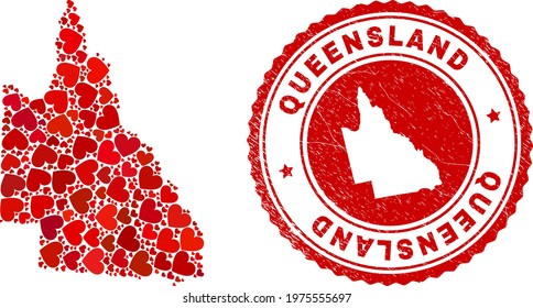 Collage Australian Queensland map designed with red love hearts, and corroded seal stamp. Vector lovely round red rubber seal stamp imprint with Australian Queensland map inside.