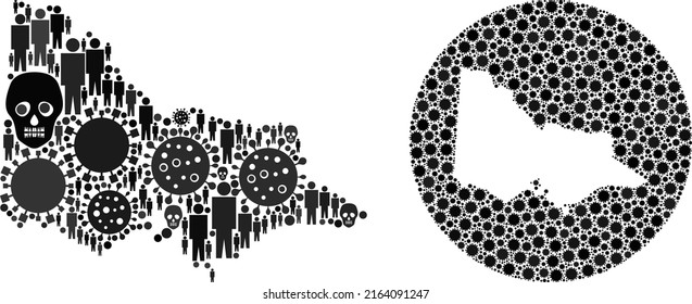 Collage Australian Victoria map designed from covid-2019 elements and men and death elements. Flu virus Australian Victoria map collage designed with circle and subtracted shape.