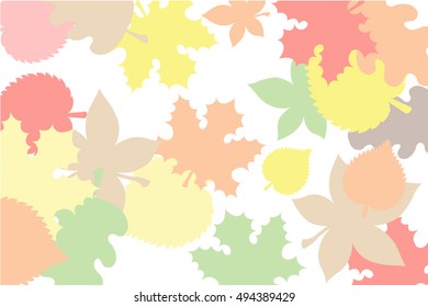 Collage of autumn leaves in yellow, orange and red colors with transparency on the white color as a background for invitations and business cards