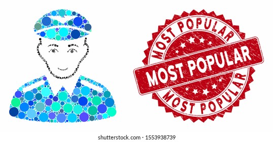 Collage aviator and rubber stamp seal with Most Popular text. Mosaic vector is created with aviator icon and with random circle spots. Most Popular stamp uses red color, and grunge surface.