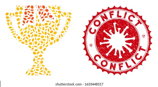 Collage award bowl icon and red round rubber stamp seal with Conflict phrase and coronavirus symbol. Mosaic vector is created with award bowl icon and with scattered ellipse elements.
