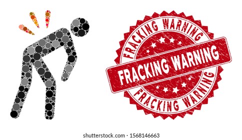 Collage backache and corroded stamp seal with Fracking Warning phrase. Mosaic vector is created with backache icon and with random round items. Fracking Warning stamp seal uses red color,