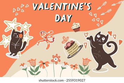 Collage, Backdrop, background, banner, horizontal, border, valentines day with cute cats, hand drawn illustration.