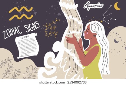 Colagem, fundo, signo zodíaco Aquarius. Personagem feminina elegante moderno, avatar do horóscopo astrológico. Astróloga menina, estilo moderno. Ilustração vetorial gráfica desenhada à mão plana.