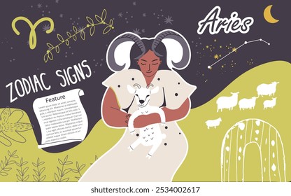 Colagem, fundo, signo zodíaco Aries. Personagem feminina elegante moderno, avatar do horóscopo astrológico. Astróloga menina, fazendo sucesso. Ilustração vetorial gráfica desenhada à mão plana.