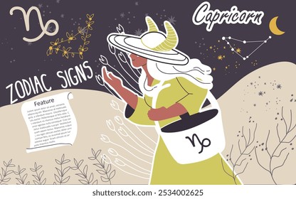 Collage, fondo, signo del zodiaco Capricornio. Personaje femenino con estilo moderno, avatar del horóscopo astrológico. Chica astróloga, estilo de moda. Ilustración vectorial gráfica dibujada a mano plana.