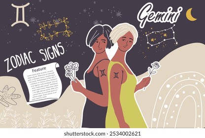 Collage, background, zodiac sign Gemini. Modern stylish female character, avatar of astrological horoscope. Girl astrologer, trendy style. Flat hand drawn graphic vector illustration.