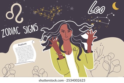 Colagem, fundo, signo zodíaco Leo. Personagem feminina elegante moderno, avatar do horóscopo astrológico. Astróloga menina, estilo moderno. Ilustração vetorial gráfica desenhada à mão plana.