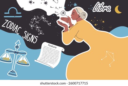 Collage, background, zodiac sign Libra. Hand drawn graphic vector illustration.