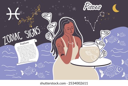 Collage, fondo, signo del zodiaco Piscis. Personaje femenino con estilo moderno, avatar del horóscopo astrológico. Chica astróloga, estilo de moda. Ilustración vectorial gráfica dibujada a mano plana.