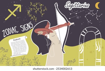 Collage, background, zodiac sign Sagittarius. Modern stylish female character, avatar of astrological horoscope. Girl astrologer, trendy style. Flat hand drawn graphic vector illustration.